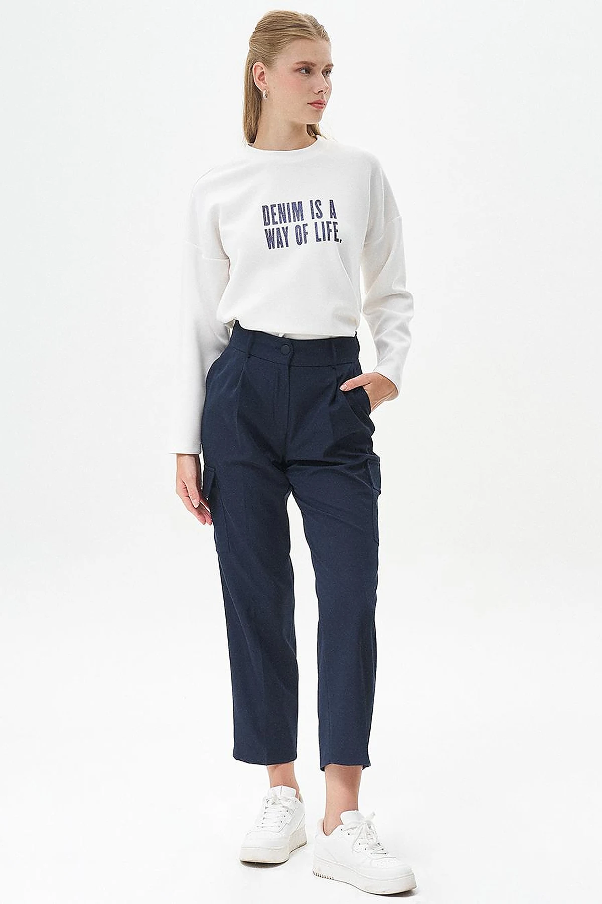 Detailed Pocket High-Waisted Pants Dark Navy