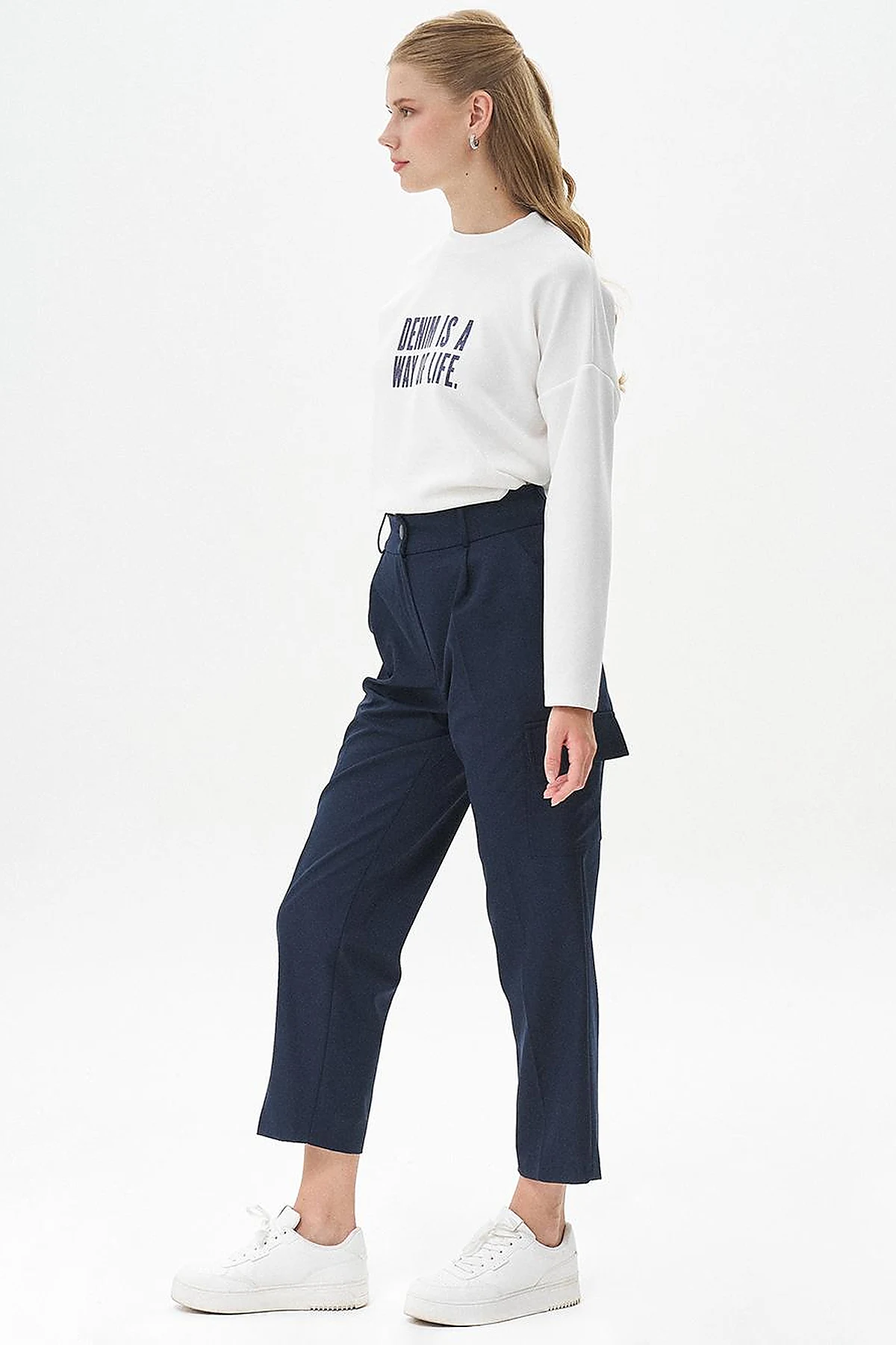 Detailed Pocket High-Waisted Pants Dark Navy