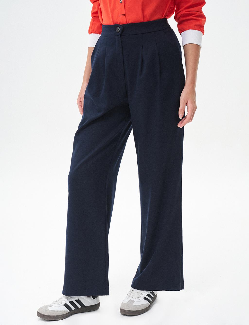 Elastic Waist Pleated Pants Navy Blue