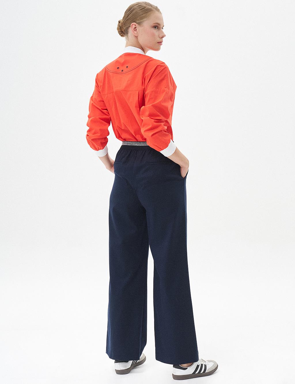 Beli Lastikli Pileli Pantolon Lacivert