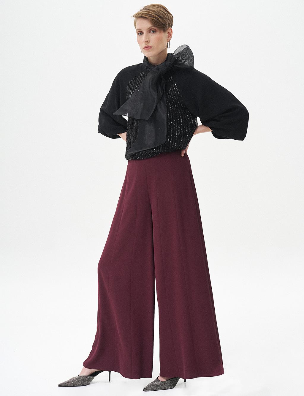 Elastic Waisted Wide Leg Pants Burgundy