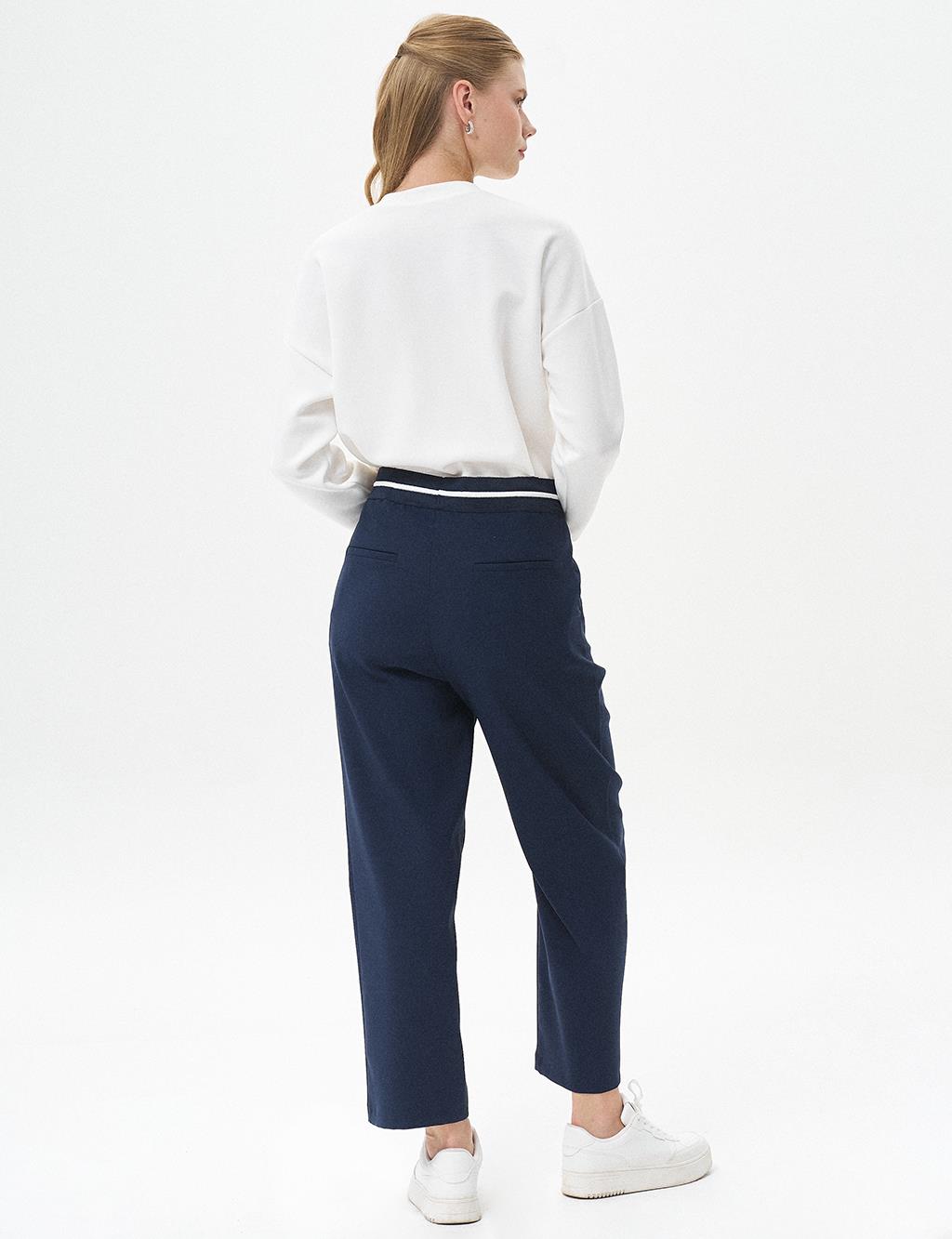 Elastic Waist Laced Trousers Dark Navy Blue