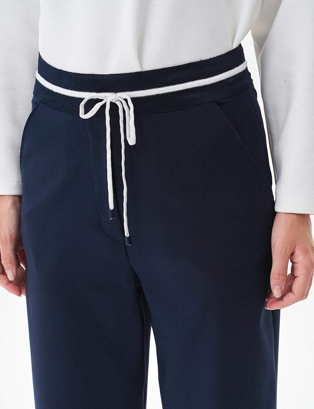Elastic Waist Laced Trousers Dark Navy Blue
