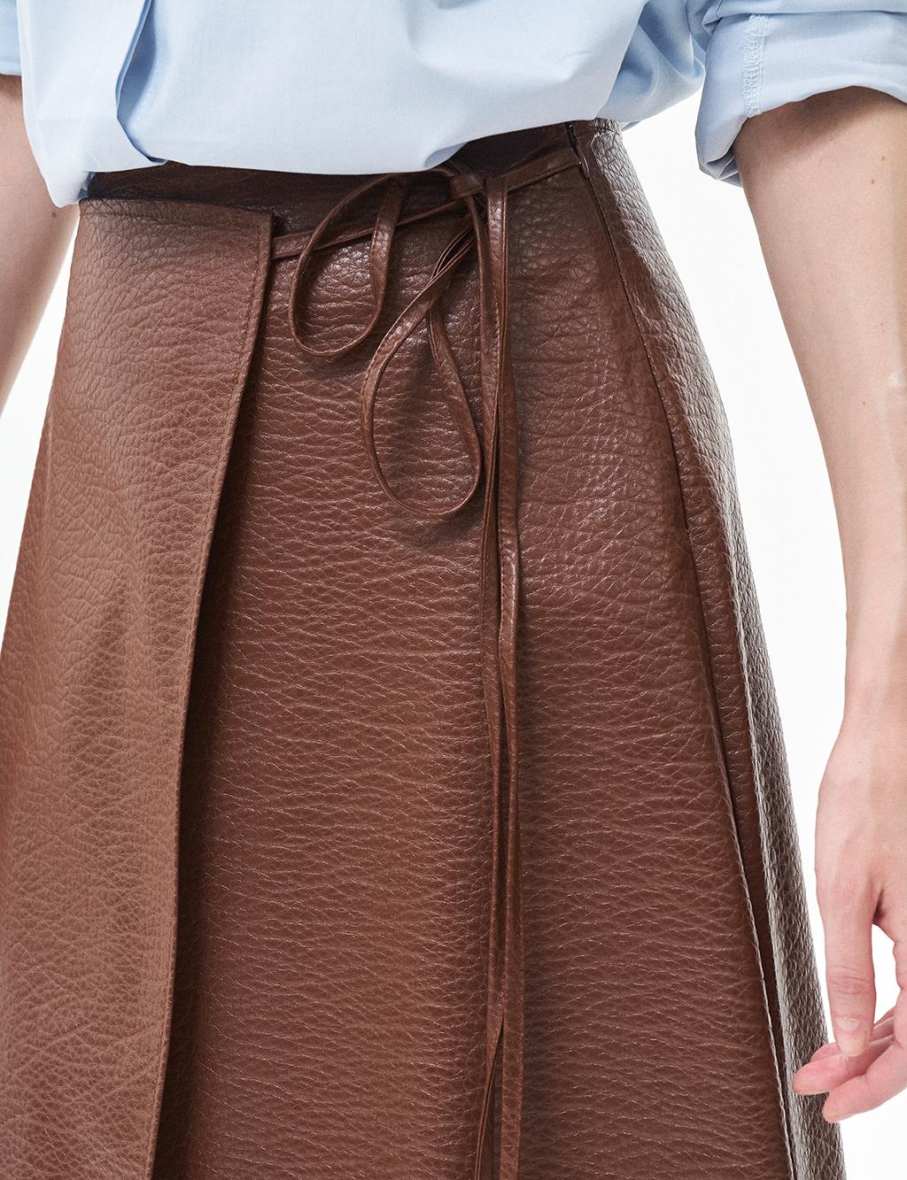 Faux Leather Wrap Skirt Tan