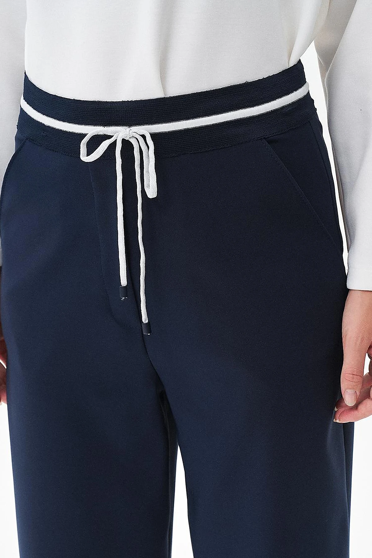 Beli Lastikli Bağcıklı Pantolon Koyu Lacivert 