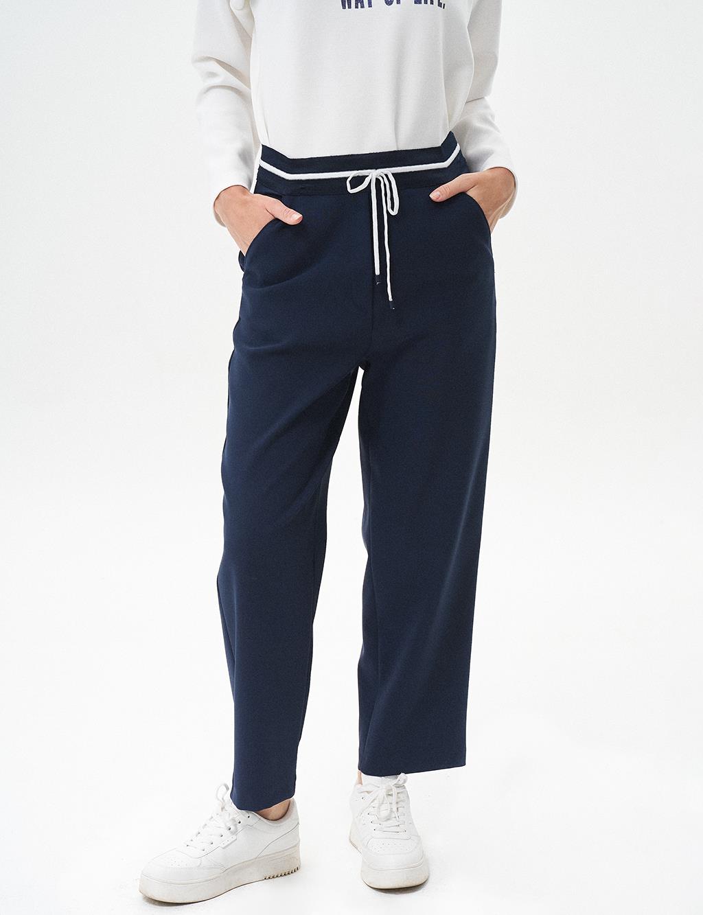 Elastic Waist Laced Trousers Dark Navy Blue