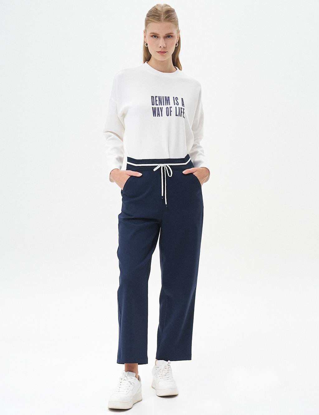 Elastic Waist Laced Trousers Dark Navy Blue