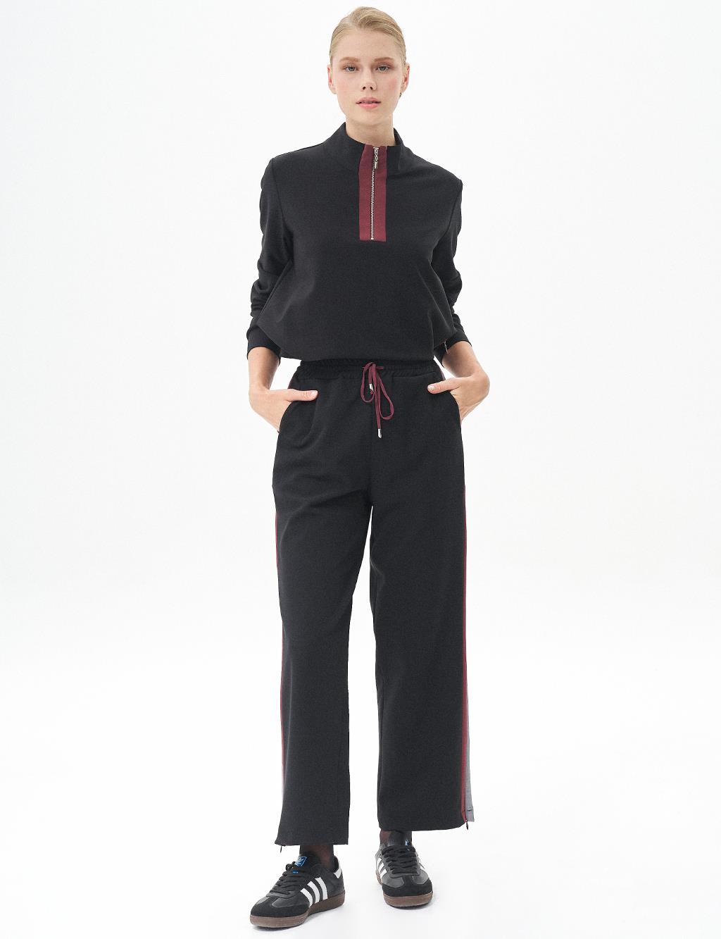 Half Zipper Closure Two Piece Set Black