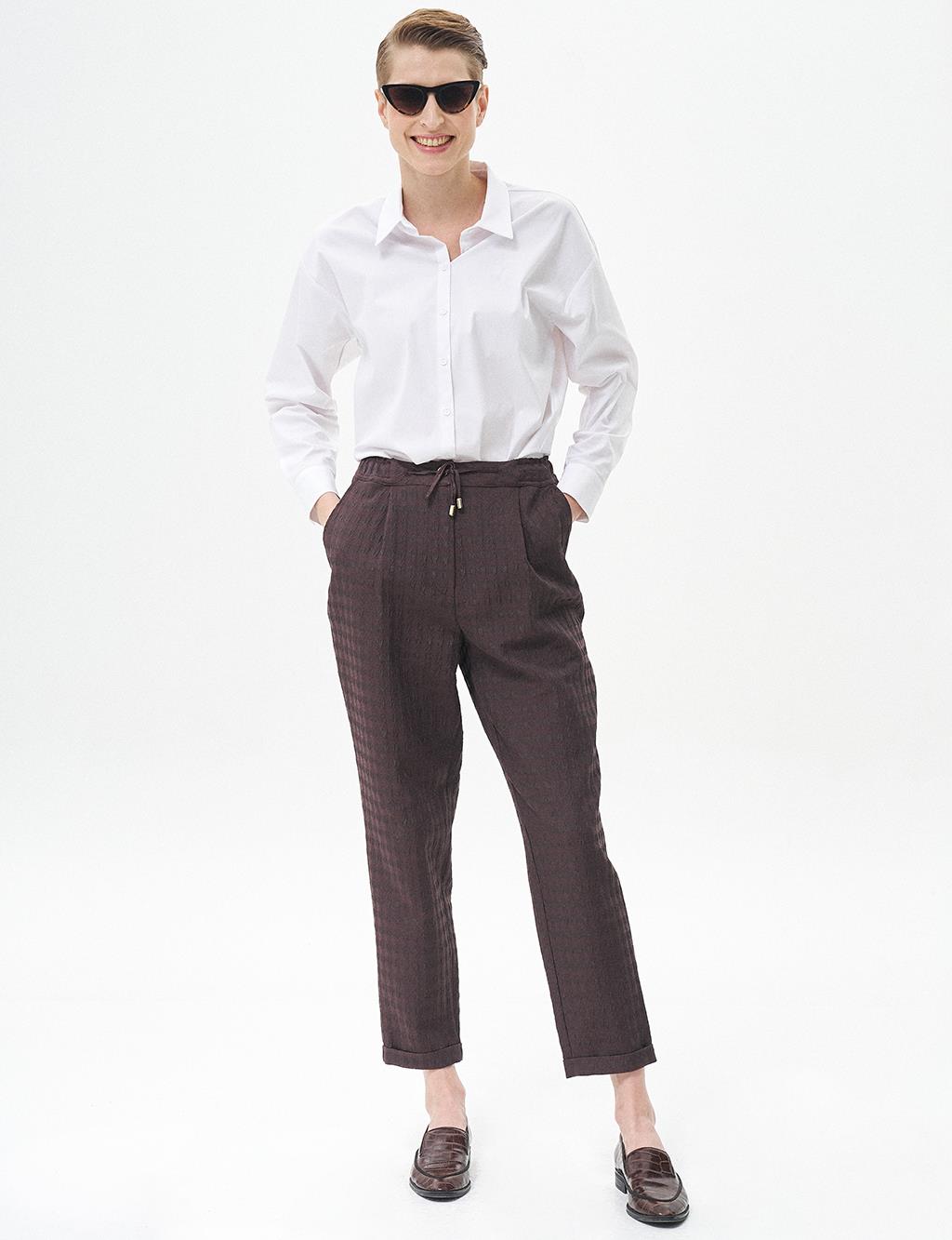 Dark Brown Houndstooth Patterned Pants with Double Cuffs