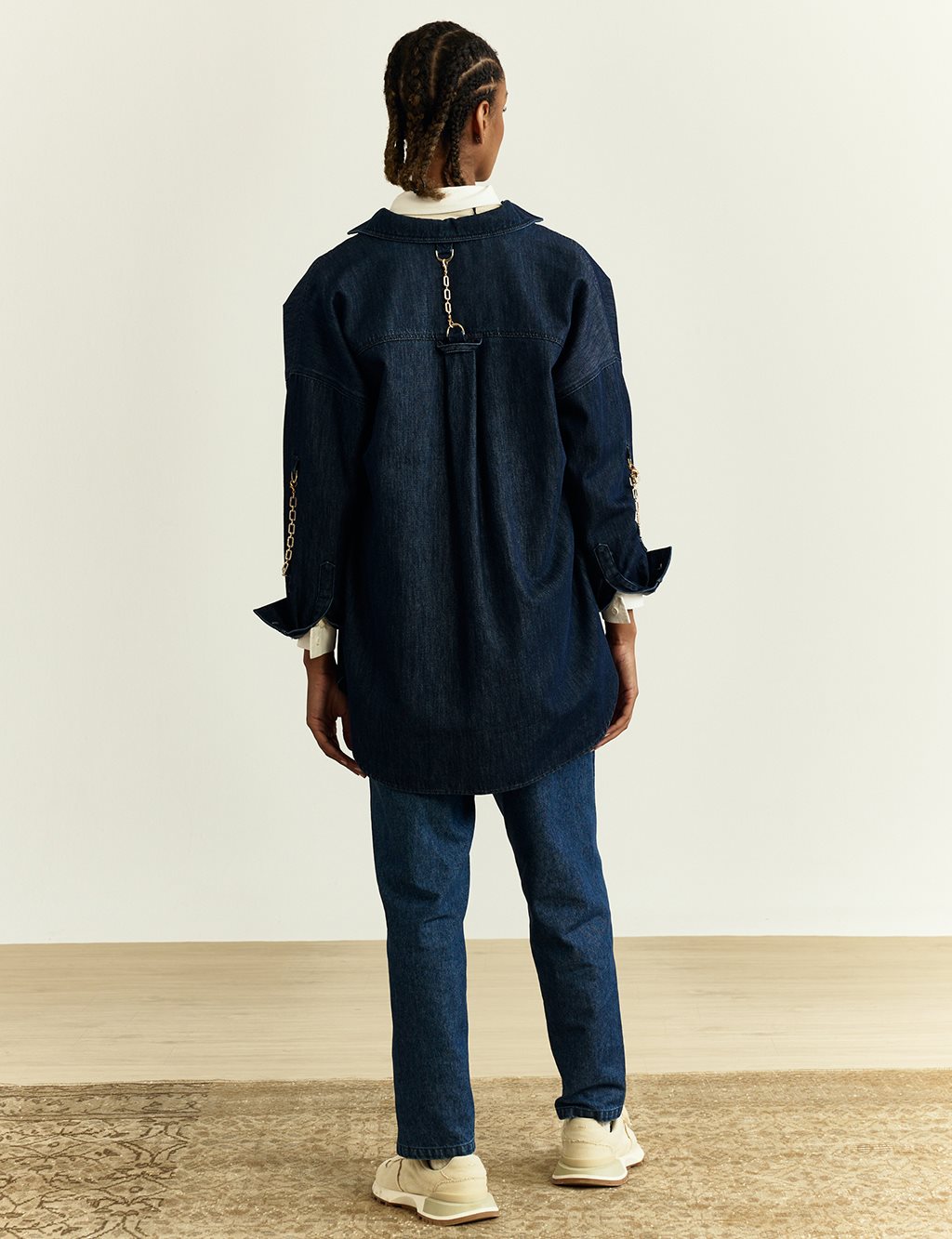 Chain Detailed Denim Shirt - Navy