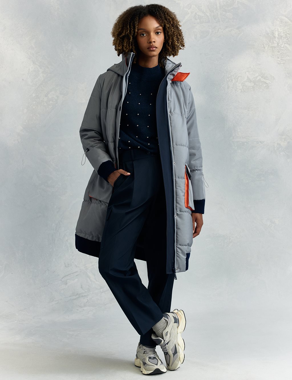 Fabric Garnished Quilted Anorak Coat Dirty Blue