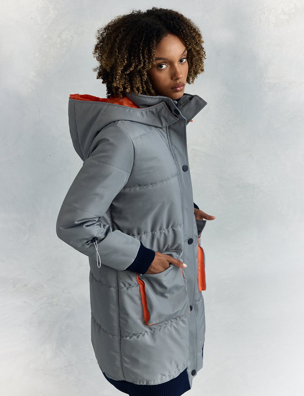 Fabric Garnished Quilted Anorak Coat Dirty Blue