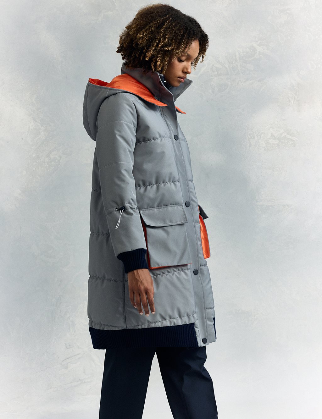 Fabric Garnished Quilted Anorak Coat Dirty Blue