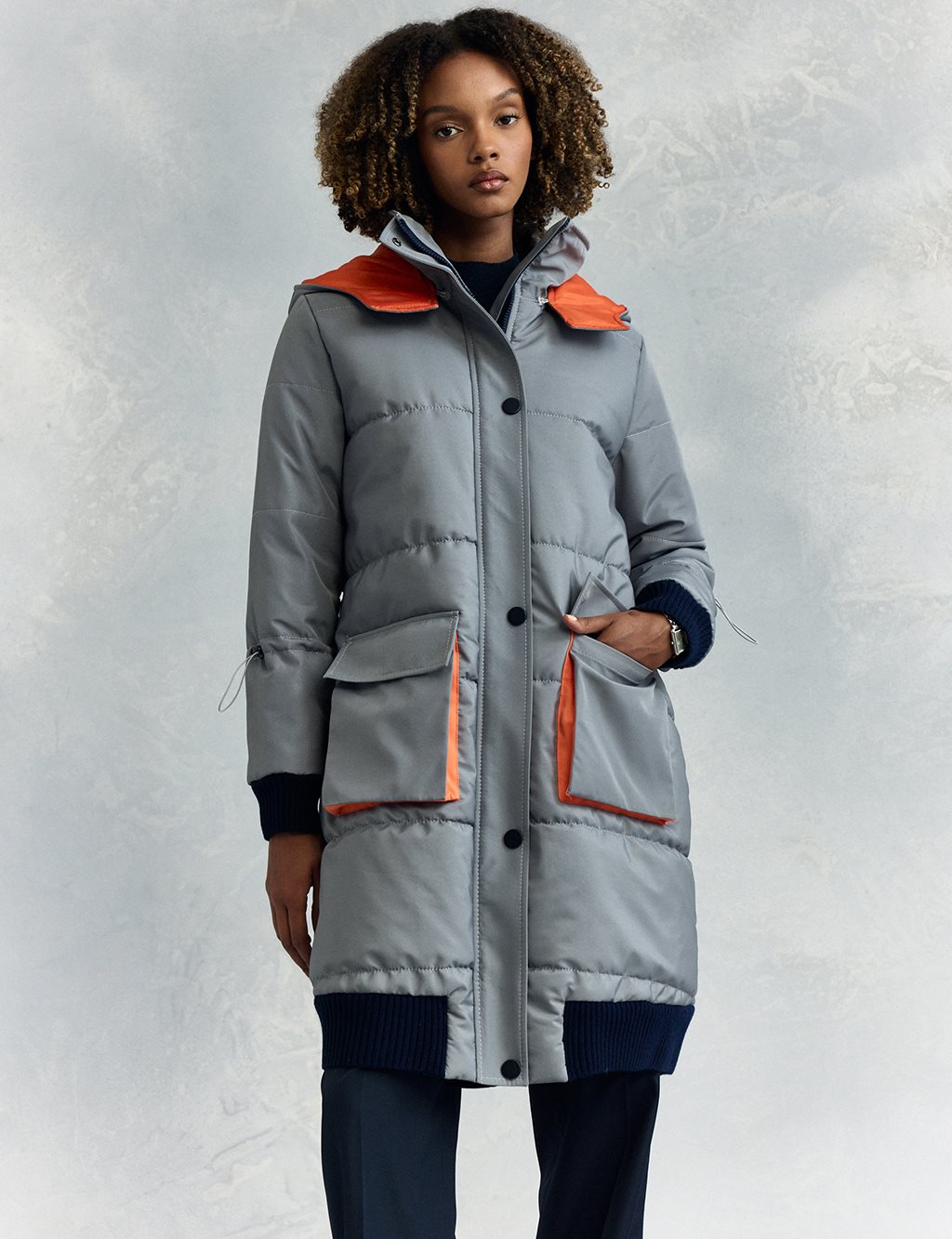 Fabric Garnished Quilted Anorak Coat Dirty Blue