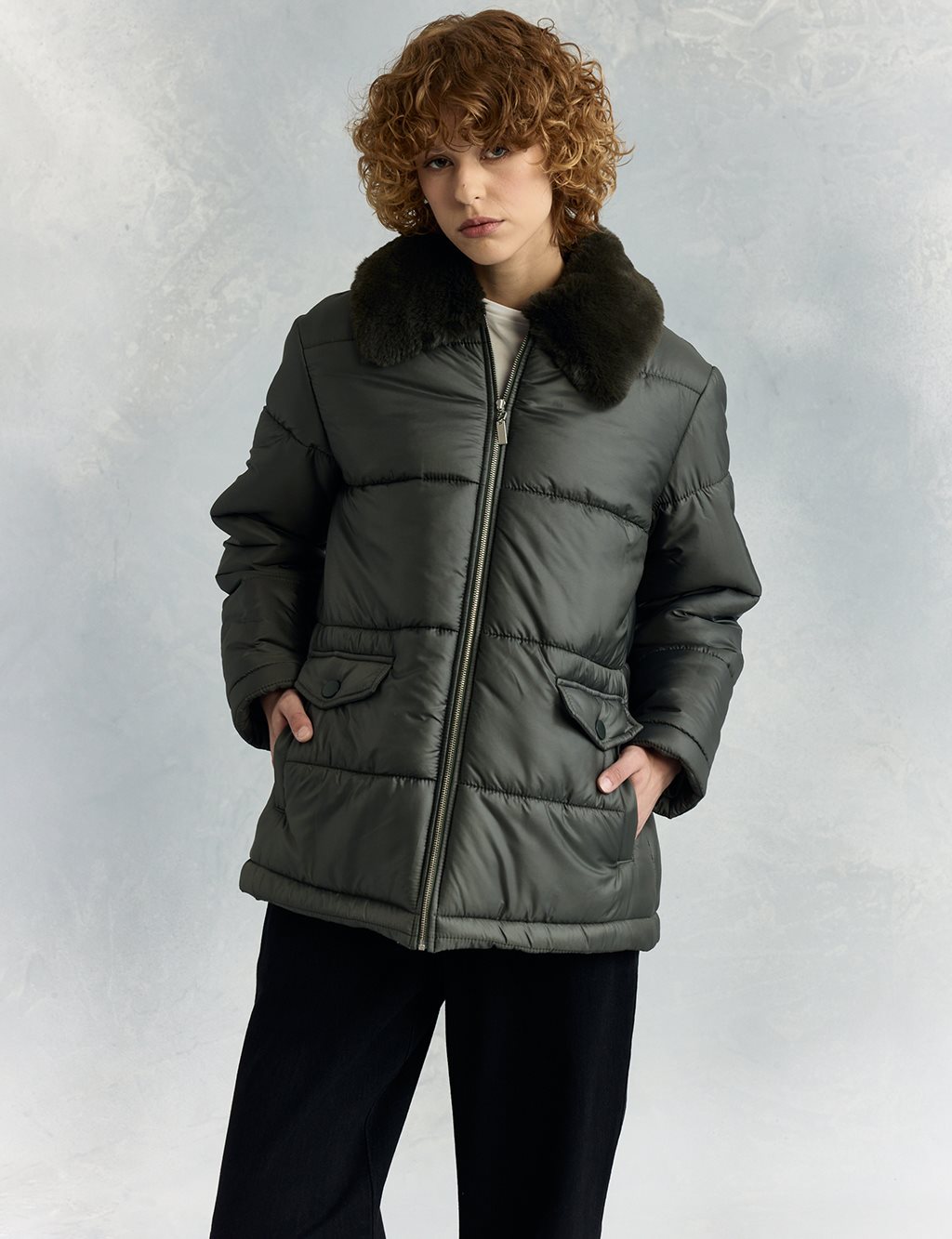Faux Fur Detailed Quilted Anorak Coat Khaki