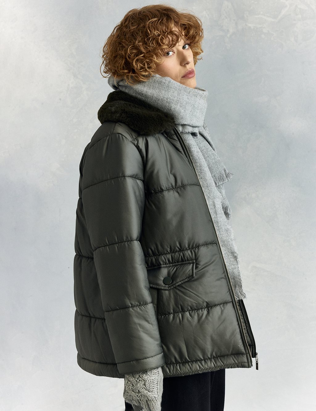 Faux Fur Detailed Quilted Anorak Coat Khaki