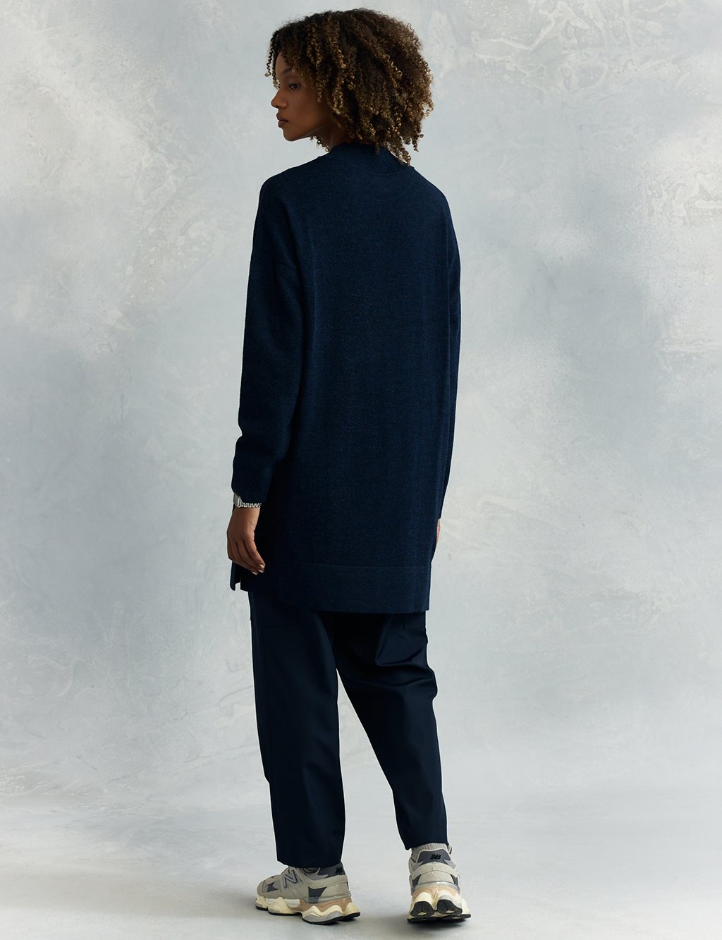 Bead Embroidered Half Turtleneck Knitwear Tunic Navy Blue