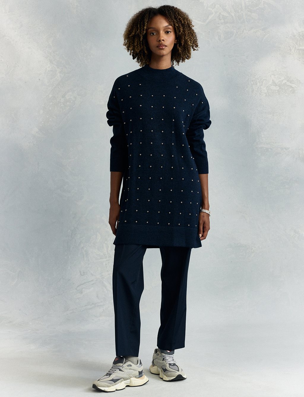 Bead Embroidered Half Turtleneck Knitwear Tunic Navy Blue