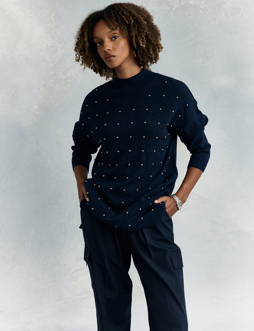 Bead Embroidered Half Turtleneck Knitwear Tunic Navy Blue