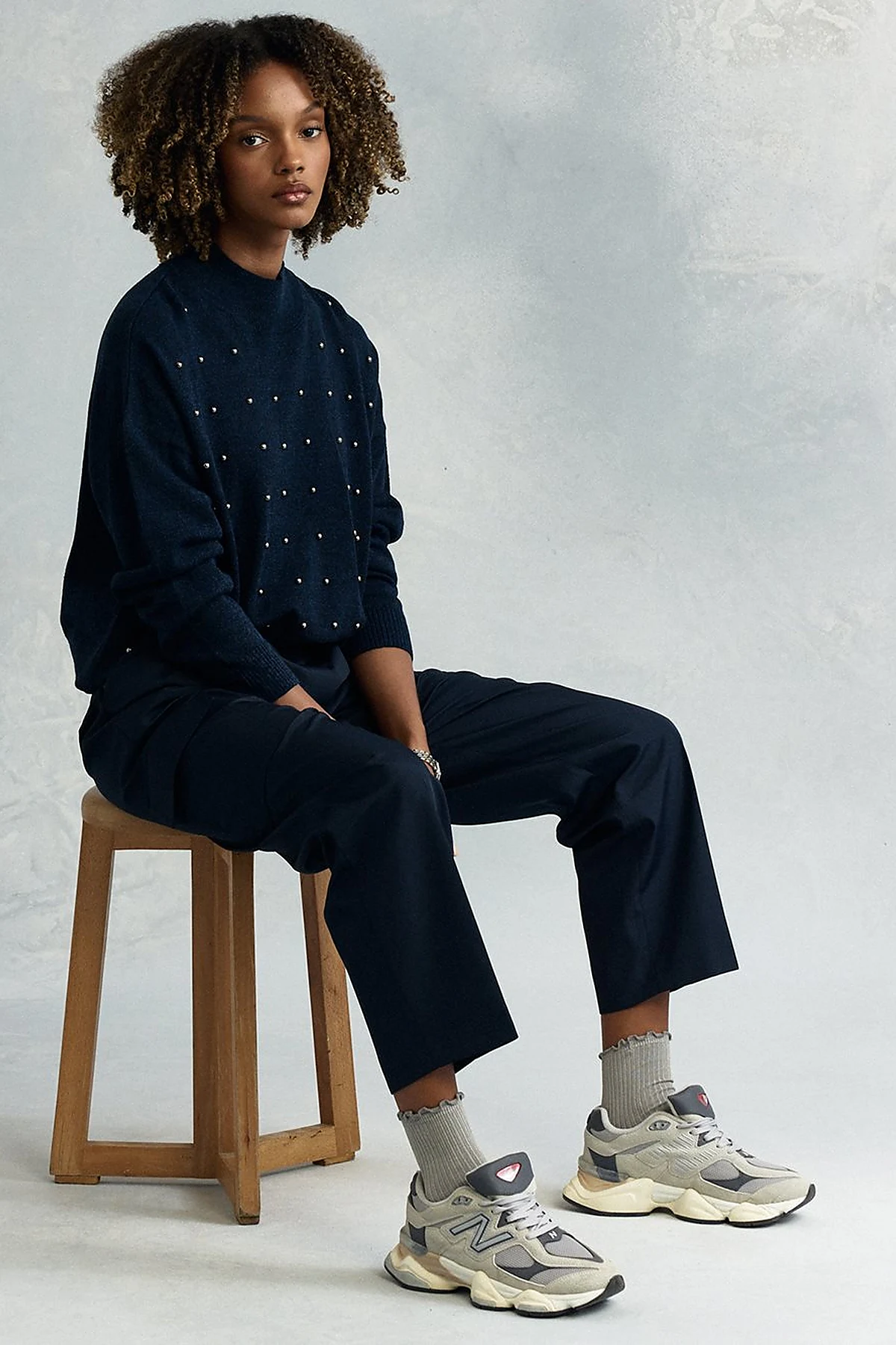 Bead Embroidered Half Turtleneck Knitwear Tunic Navy Blue