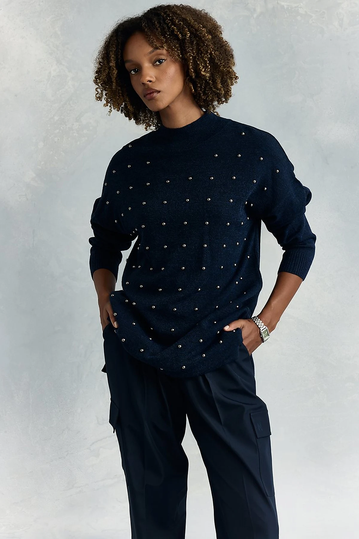 Bead Embroidered Half Turtleneck Knitwear Tunic Navy Blue