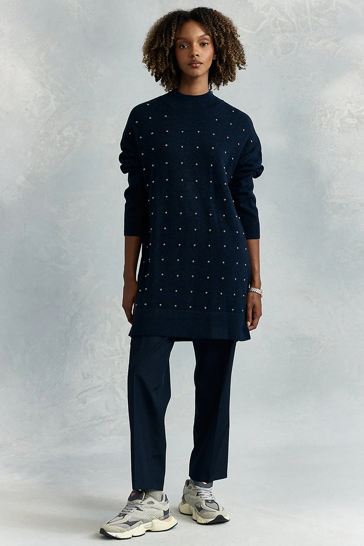 Bead Embroidered Half Turtleneck Knitwear Tunic Navy Blue