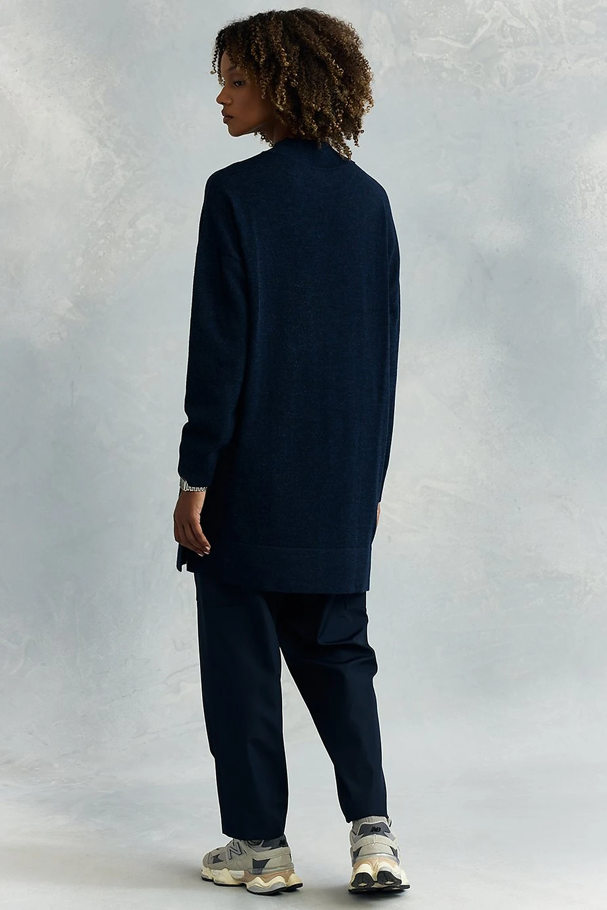 Bead Embroidered Half Turtleneck Knitwear Tunic Navy Blue