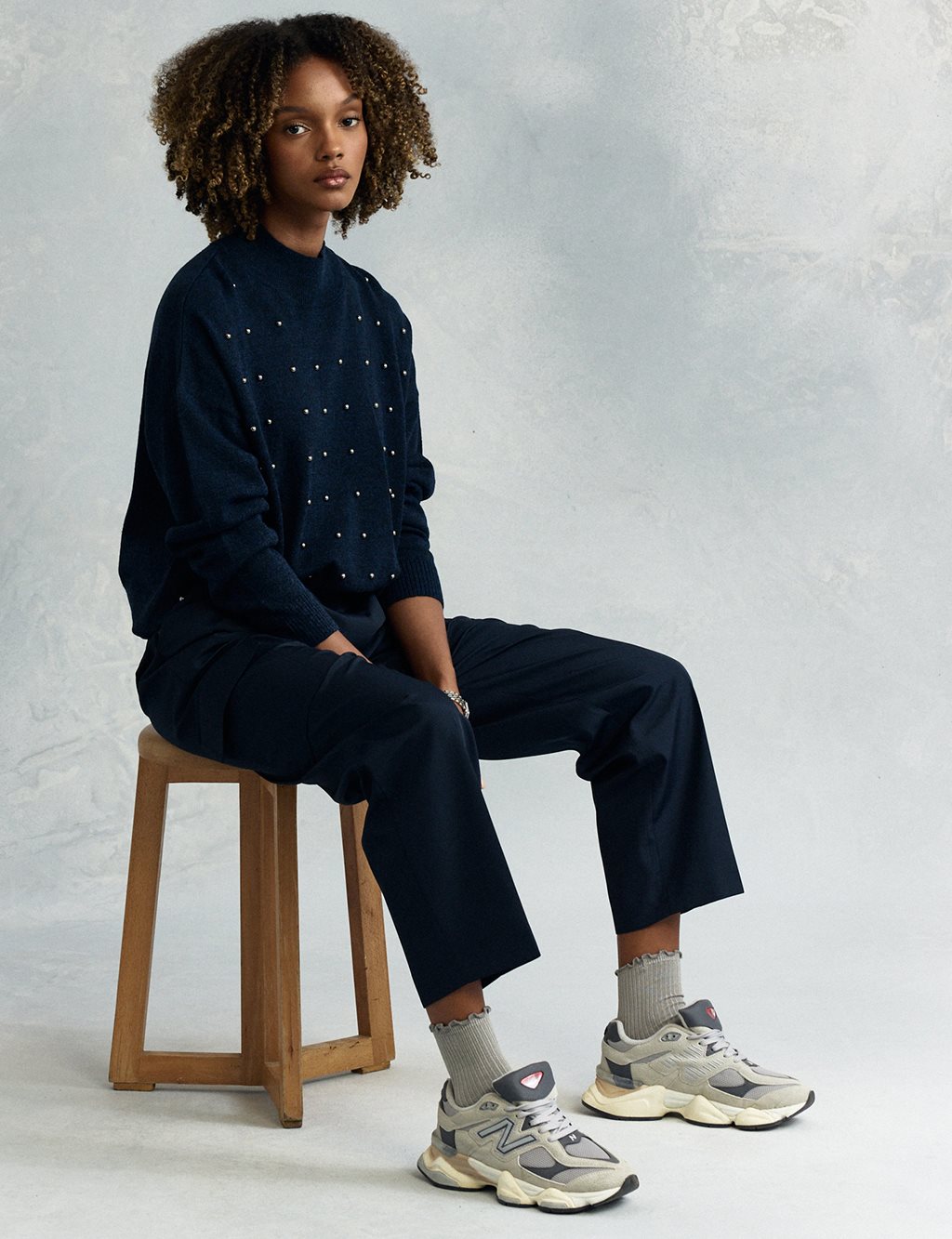 Bead Embroidered Half Turtleneck Knitwear Tunic Navy Blue