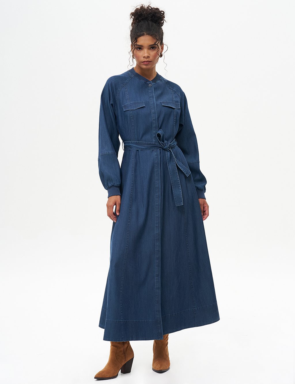 Belted Lyocell Dress Navy Blue