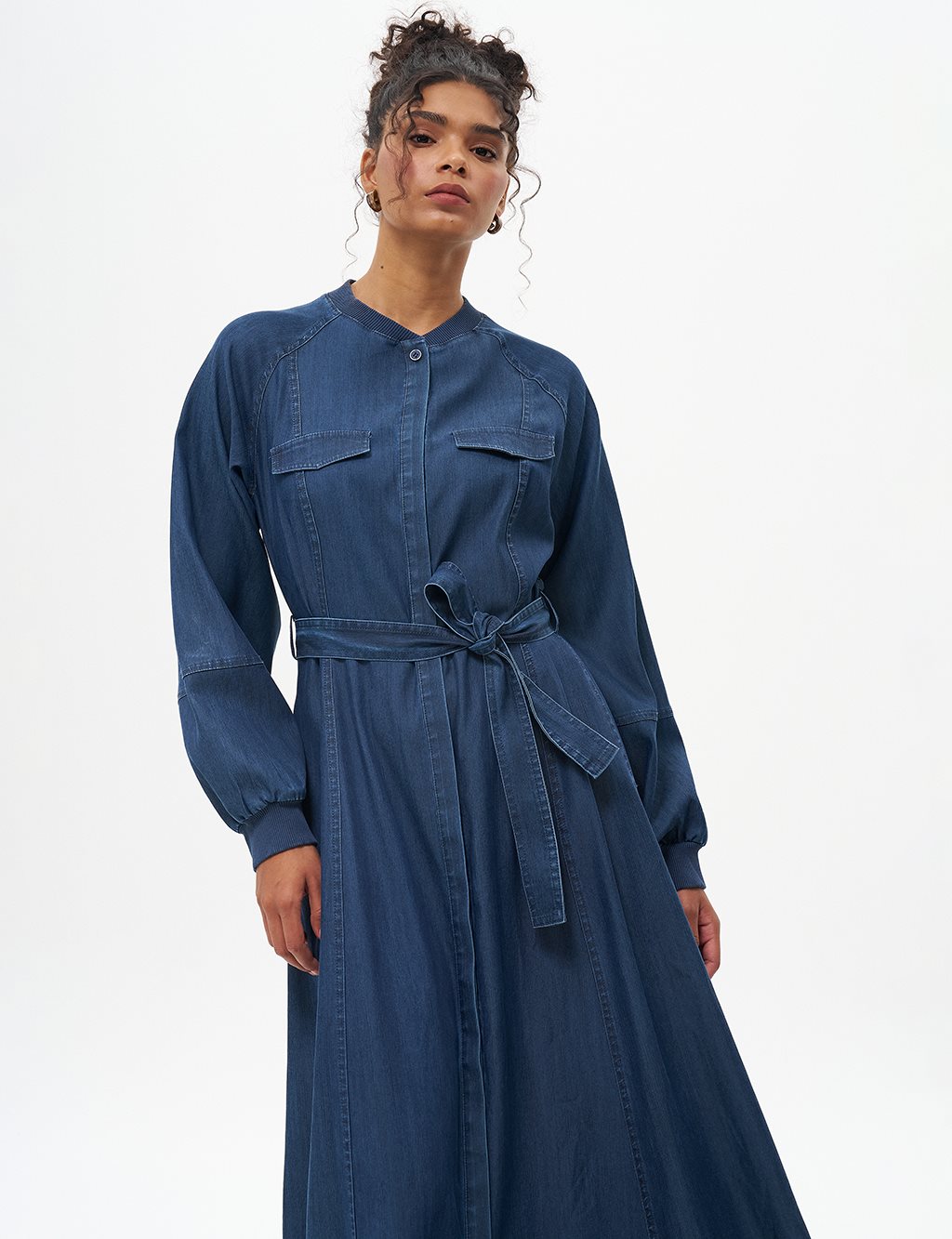 Belted Lyocell Dress Navy Blue