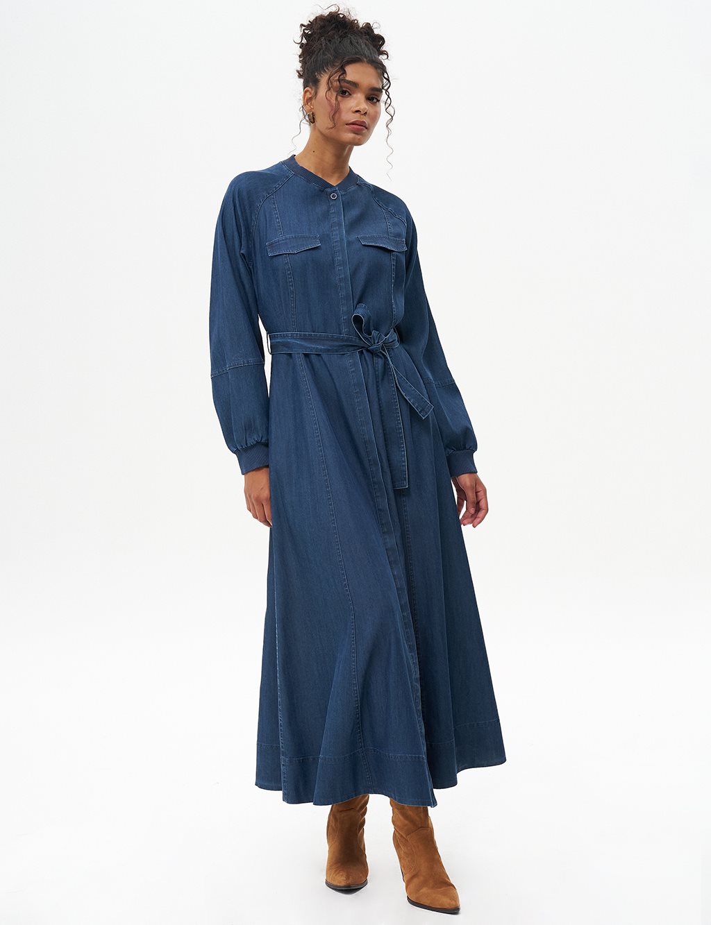 Belted Lyocell Dress Navy Blue