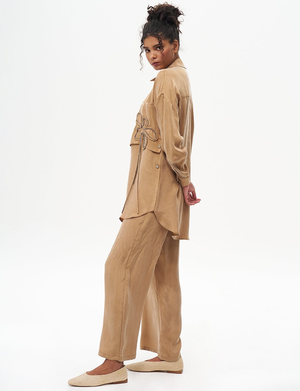 Stone Embroidered Double Suit Camel