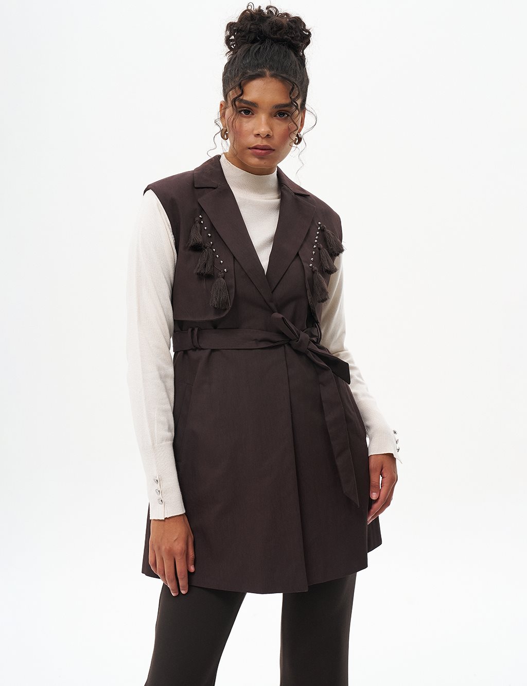 Tassel Detailed Belted Vest Dark Coffee