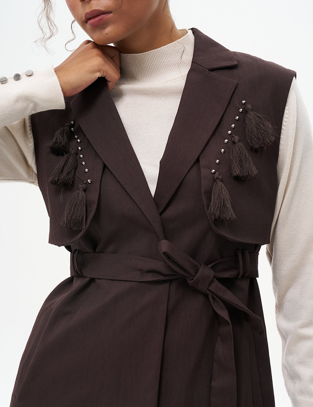 Tassel Detailed Belted Vest Dark Coffee