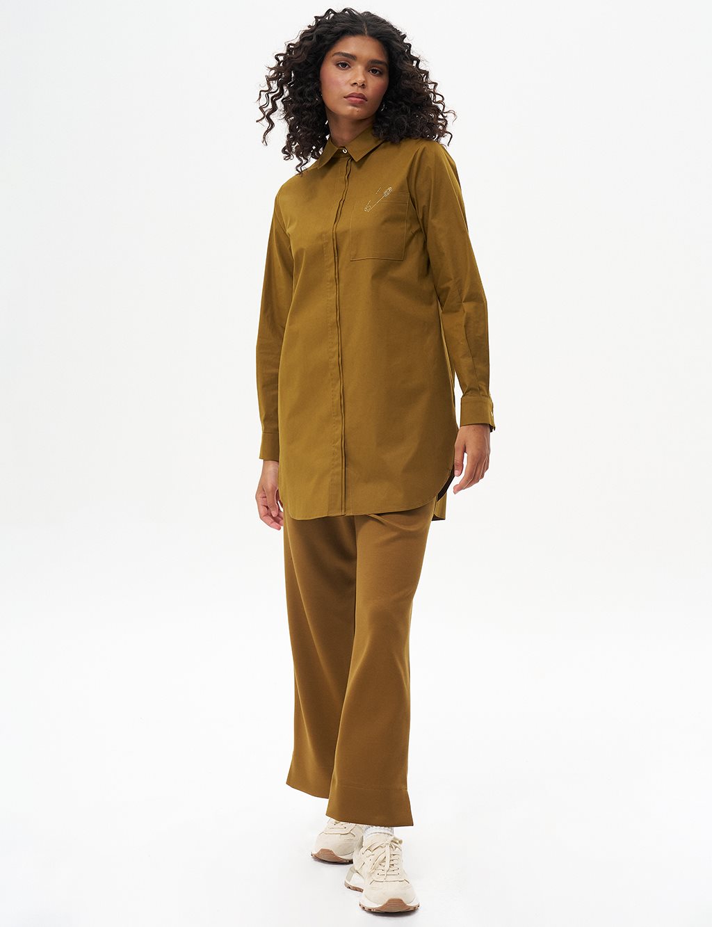 Single Pocket Metallic Printed Poplin Tunic in Dark Olive