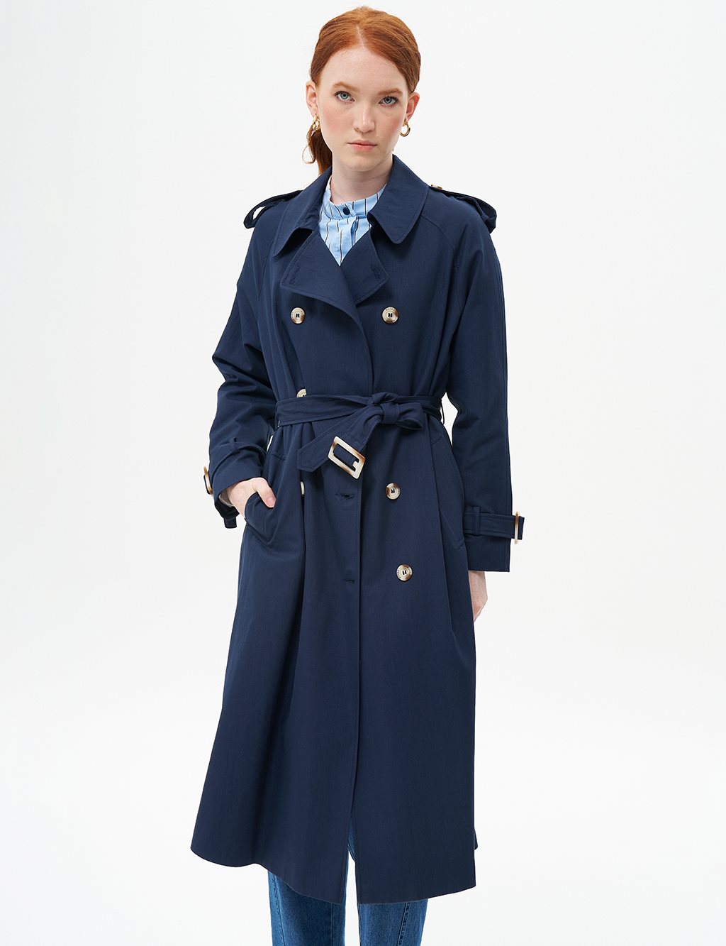 Belted Detailed Double Breasted Cape Dark Navy