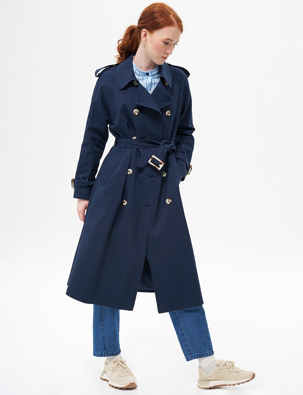 Belted Detailed Double Breasted Cape Dark Navy