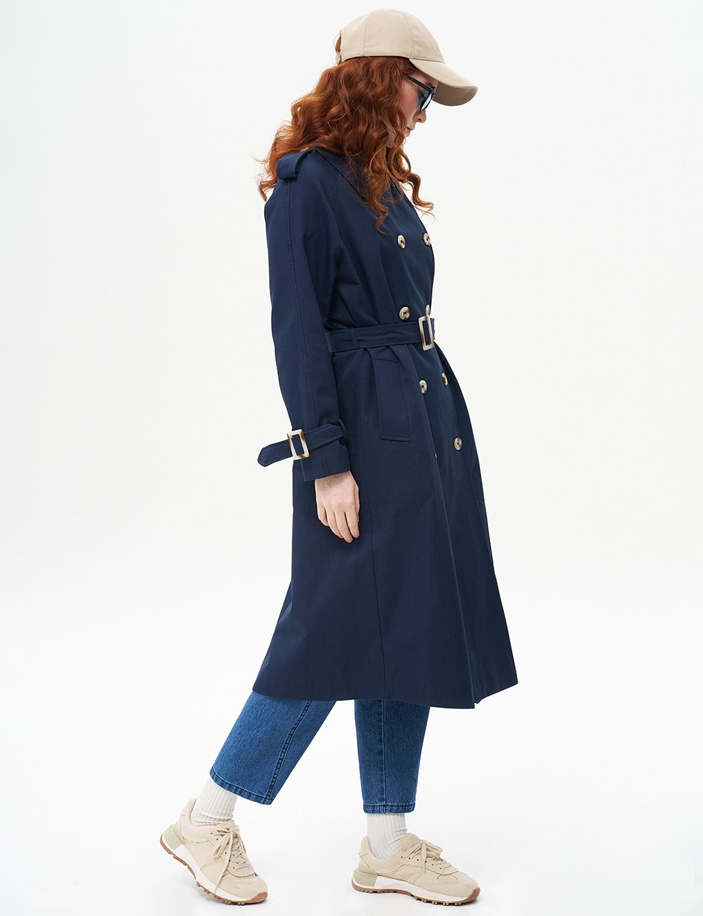 Belted Detailed Double Breasted Cape Dark Navy