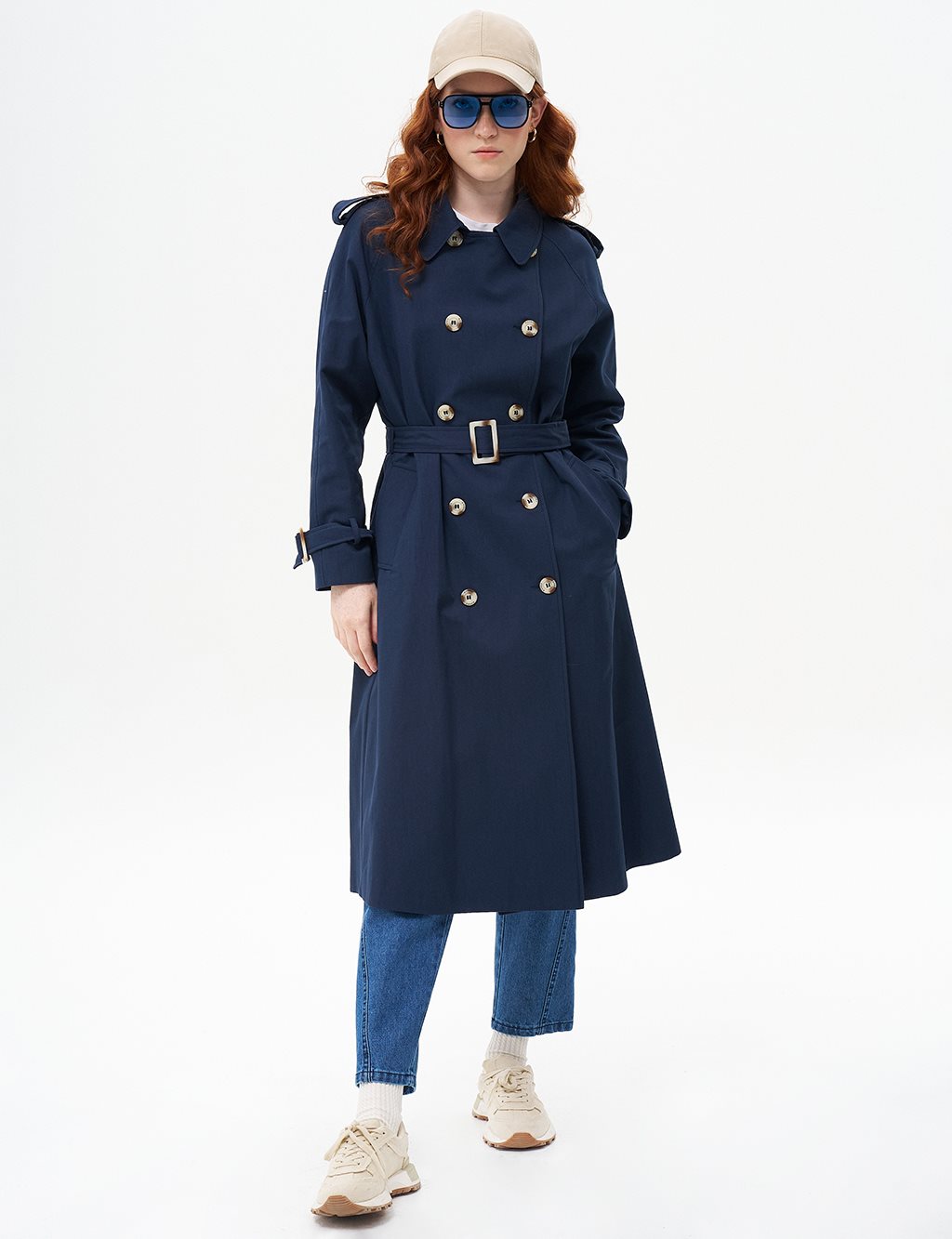 Belted Detailed Double Breasted Cape Dark Navy