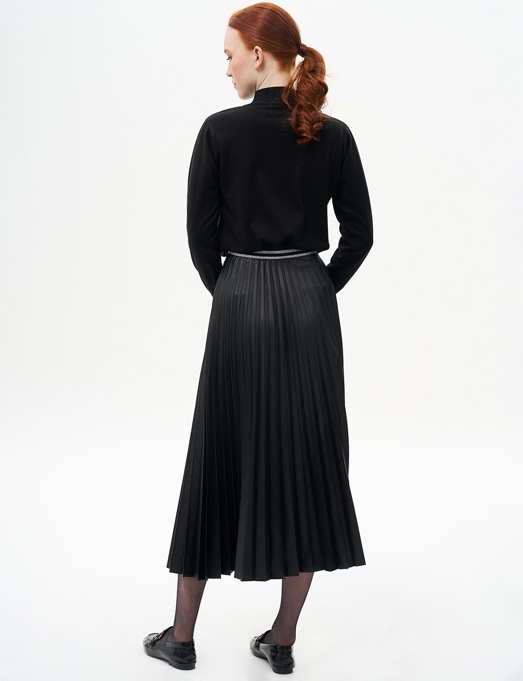 Belted Elasticated Pleated Faux Leather Skirt Black