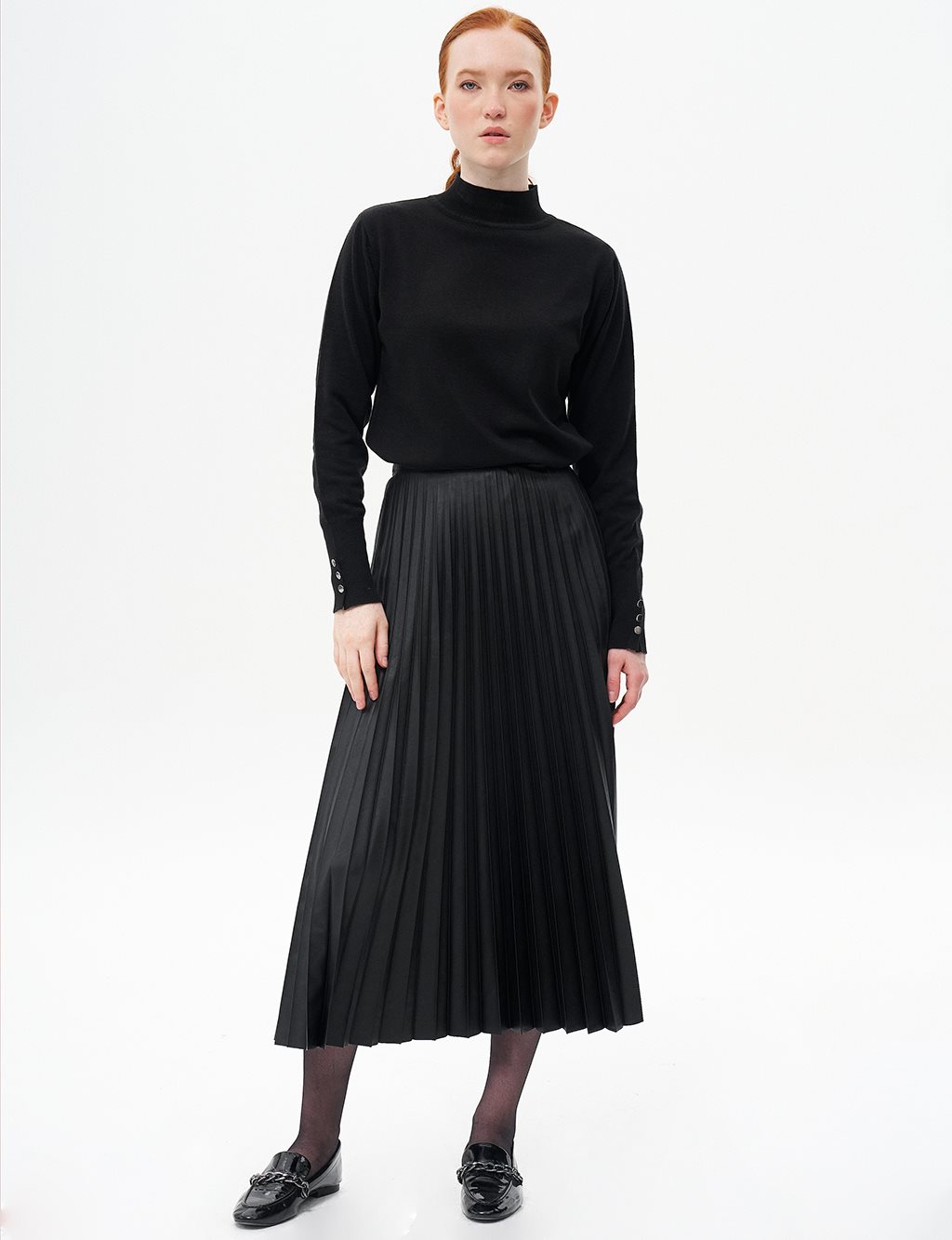 Belted Elasticated Pleated Faux Leather Skirt Black