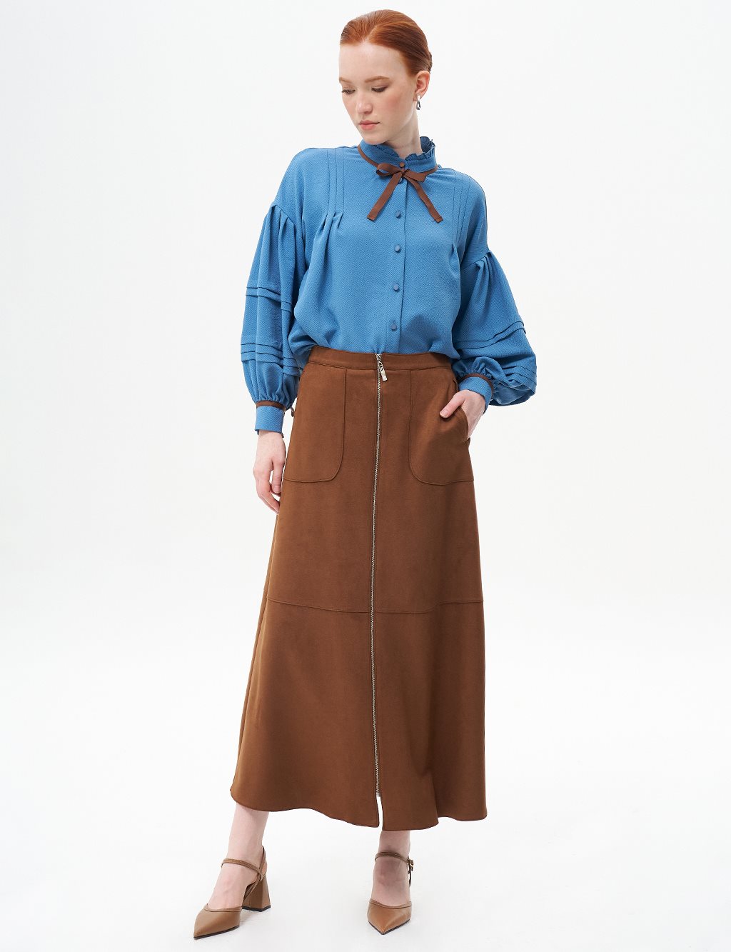 Seam Suede Skirt with Detail Coffee