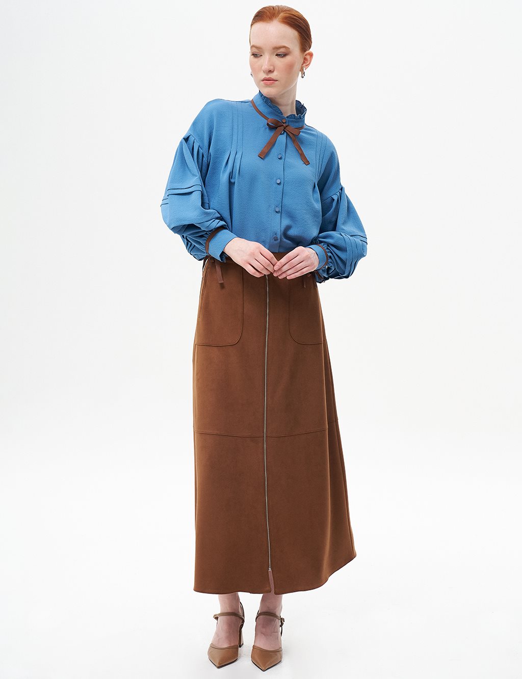 Seam Suede Skirt with Detail Coffee