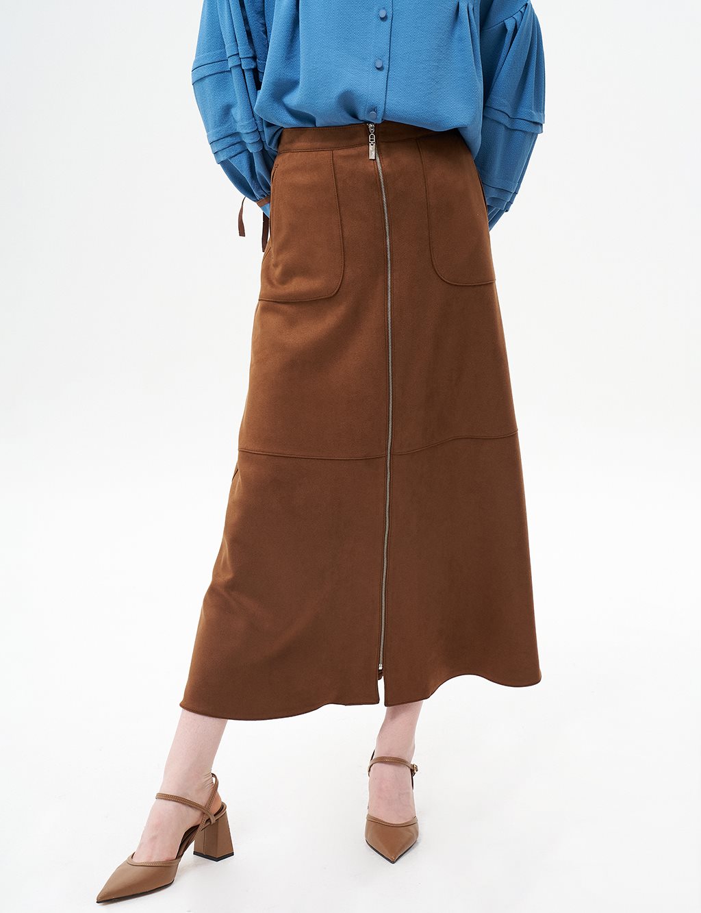 Seam Suede Skirt with Detail Coffee