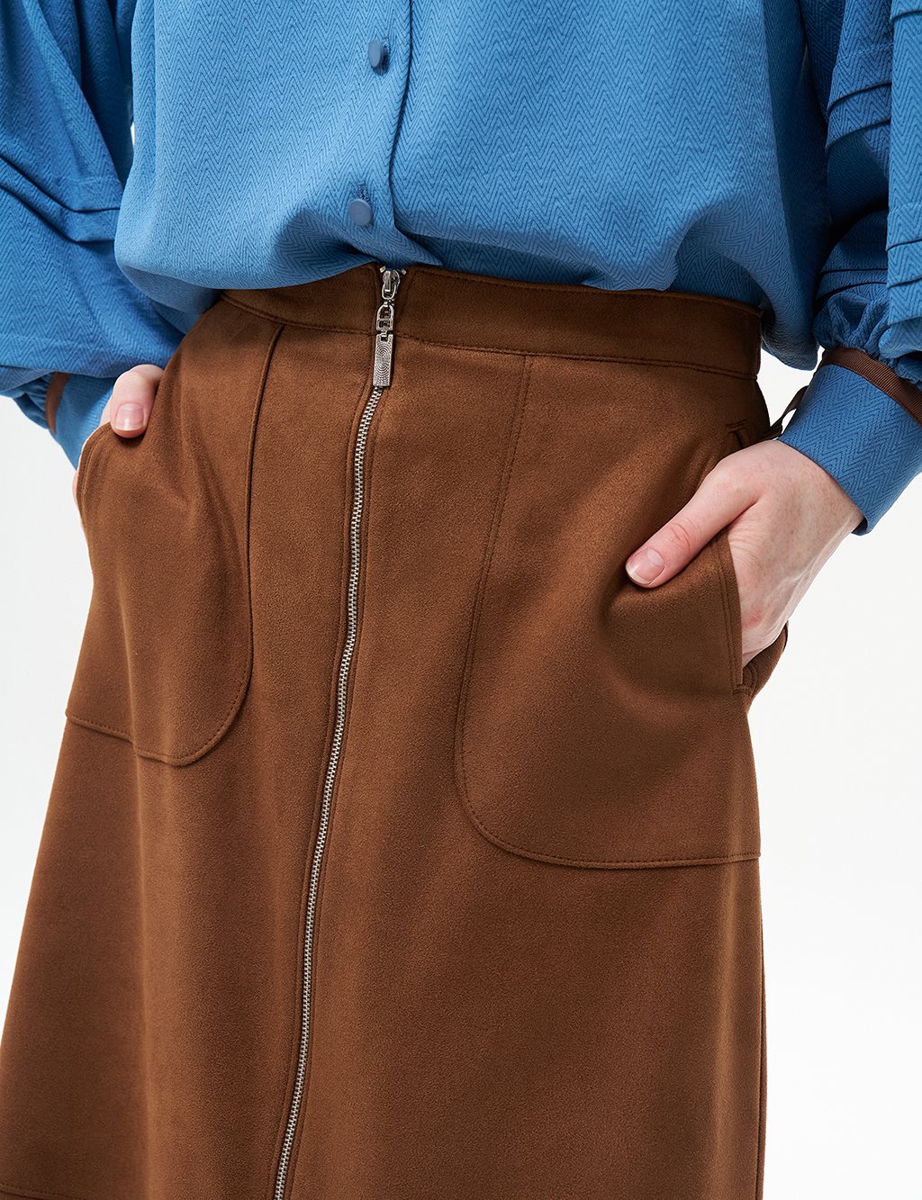 Seam Suede Skirt with Detail Coffee