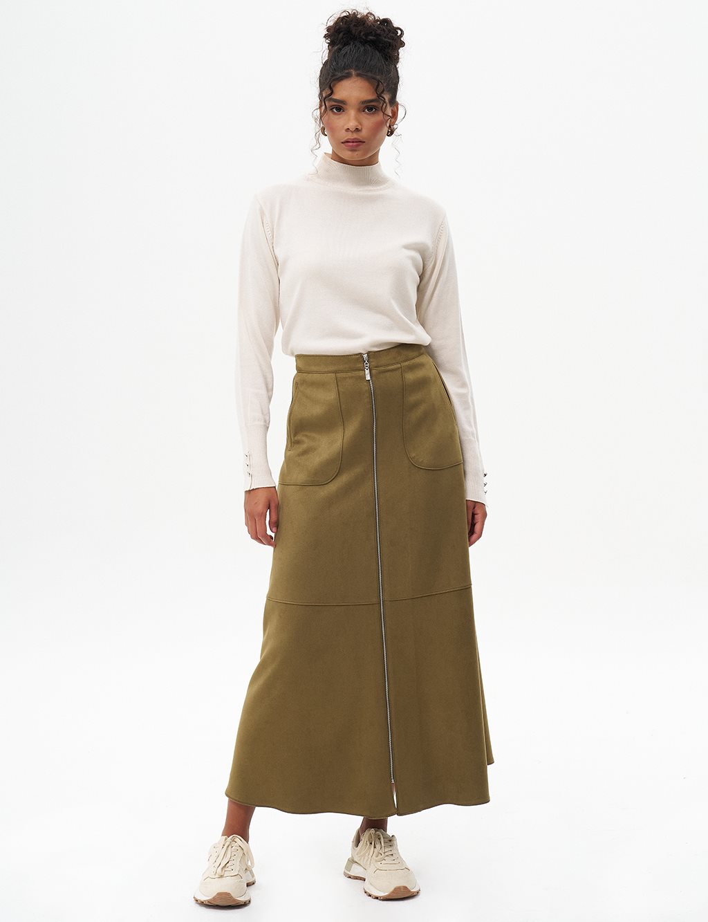 Suede Skirt with Stitching Detail Khaki