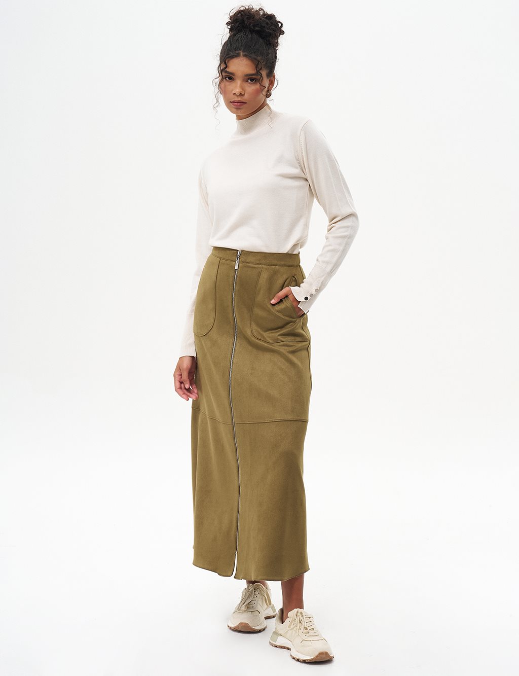 Suede Skirt with Stitching Detail Khaki