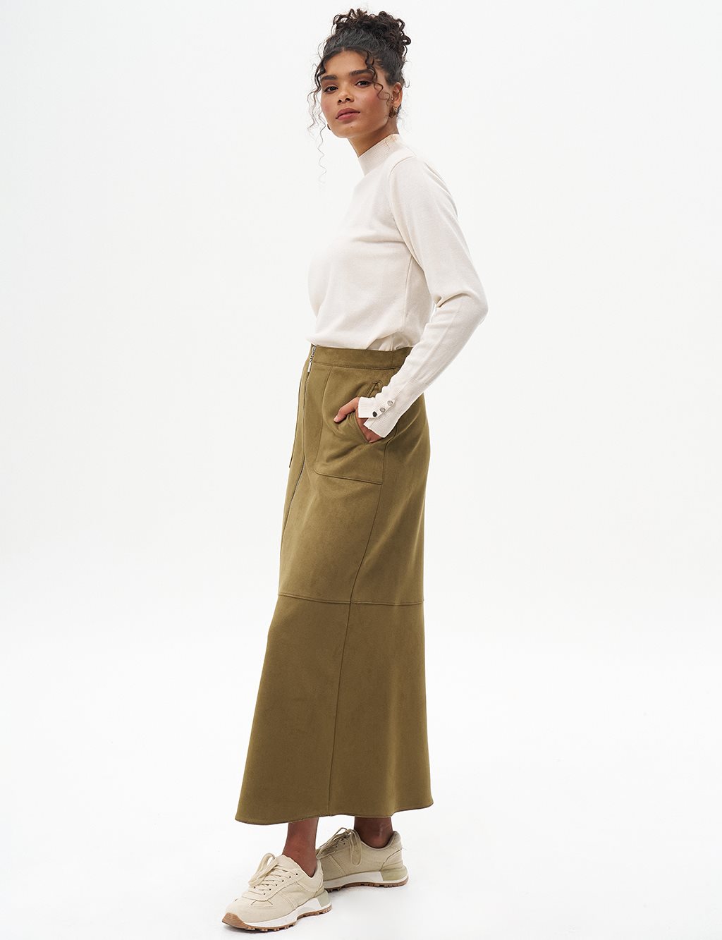 Suede Skirt with Stitching Detail Khaki