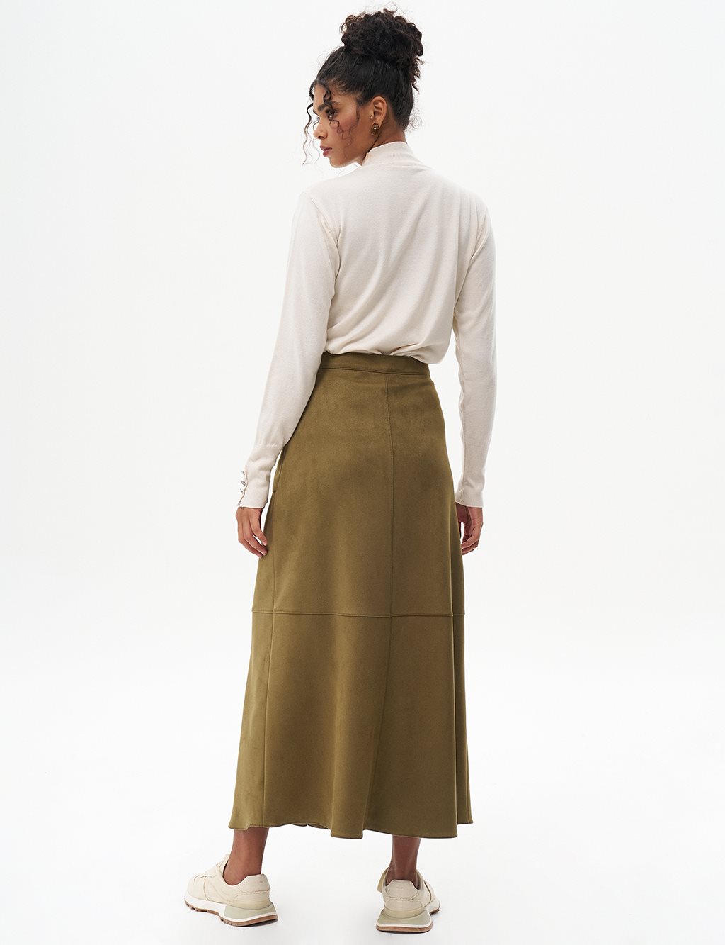 Suede Skirt with Stitching Detail Khaki