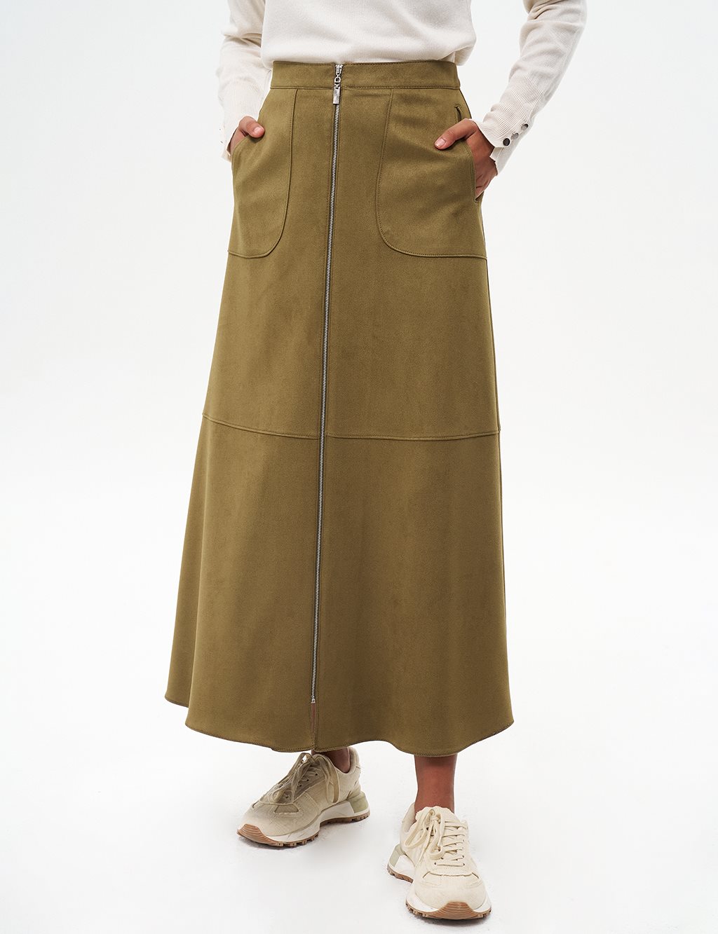 Suede Skirt with Stitching Detail Khaki